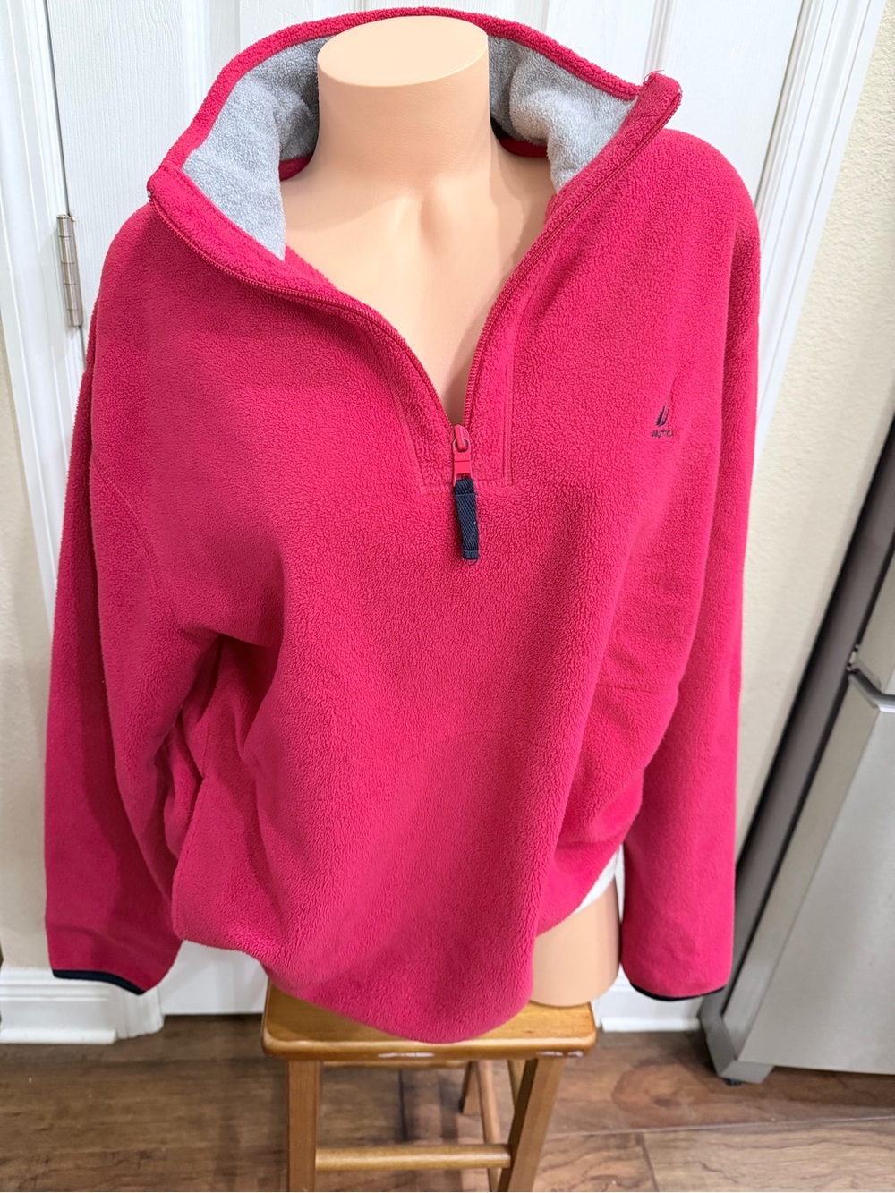 Nautica Quarter Zip Fleece Pullover Jacket Women’s Medium Pink Navy Logo Cozy